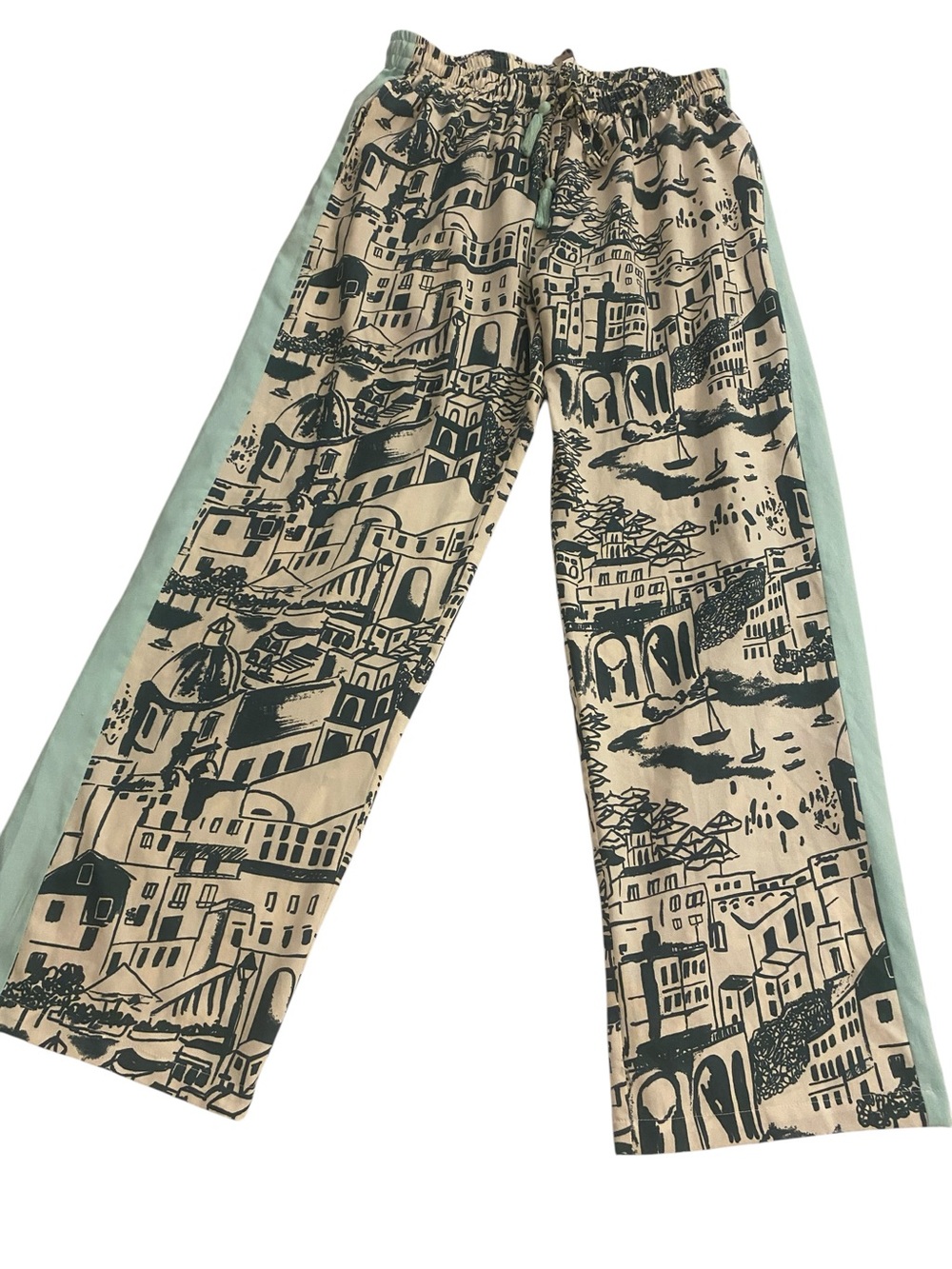 World Market Drawstring Pajama Pants Mediterranean Print Teal Cream  L/XL